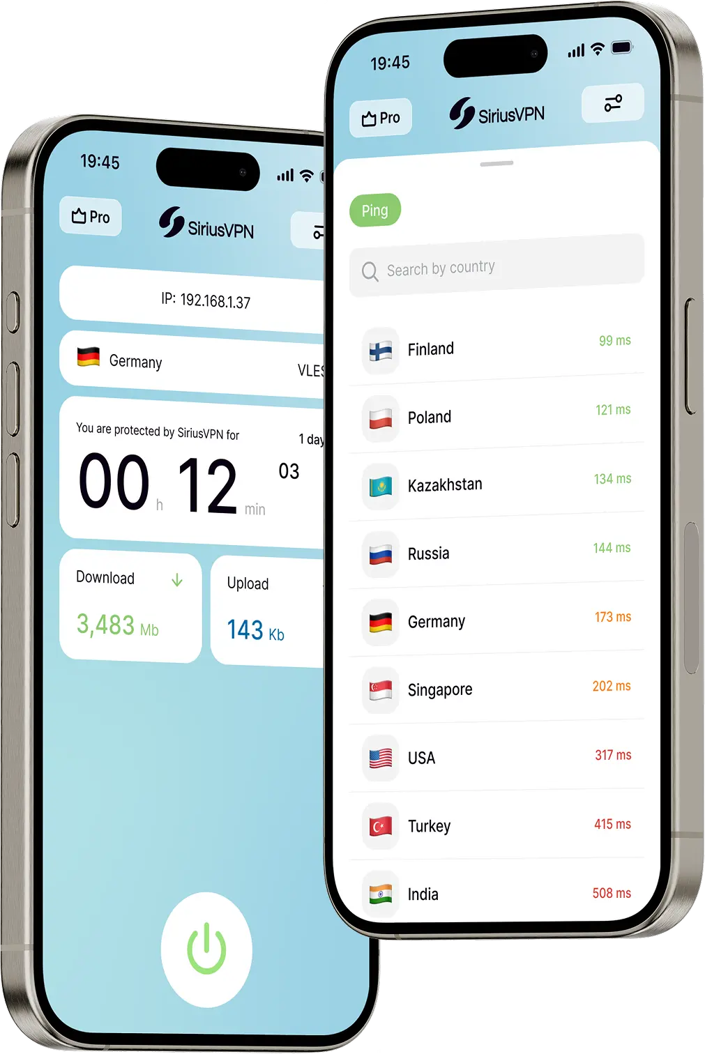 SiriusVPN mobile app interface on two smartphones
